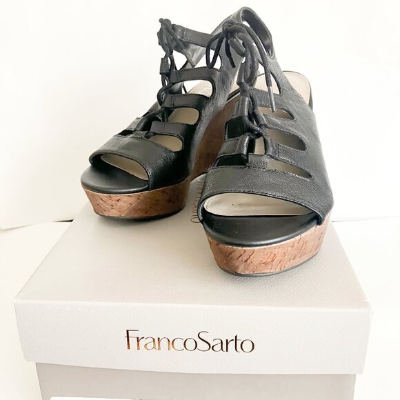 Franco Sarto Sunitha Black Leather Lace Up Wedge Sandal - Size 6 - Picture 8 of 11